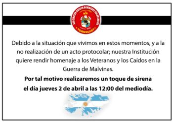 Toque de sirena a las 12:00 del mediodía al conmemorarse el Día del Veterano y de los Caídos en la Guerra de Malvinas