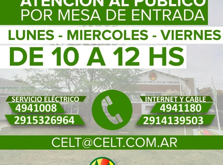CELT. INFORMA: La mesa de entradas estará abierta Lunes, Miércoles y Viernes de 10 a 12 hs.
