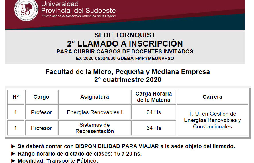 Segundo Llamado a Inscripción 2020 UPSO . Tornquist