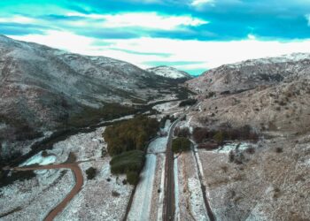 La nevada en la Comarca Serrana vista desde un drone