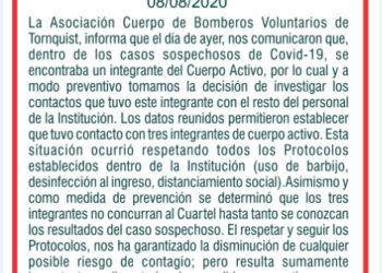 Comunicado de los Bomberos de Tornquist respecto a los servidores aislados preventivamente
