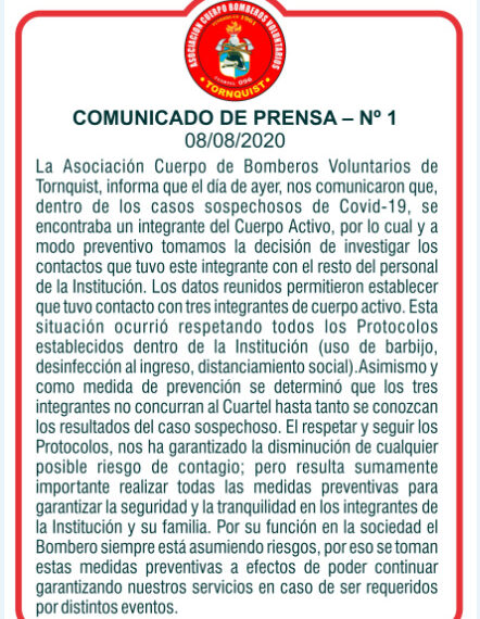 Comunicado de los Bomberos de Tornquist respecto a los servidores aislados preventivamente