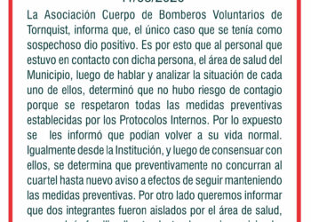 Comunicado de los Bomberos de Tornquist respecto a los integrantes de cuerpo activo aislados preventivamente