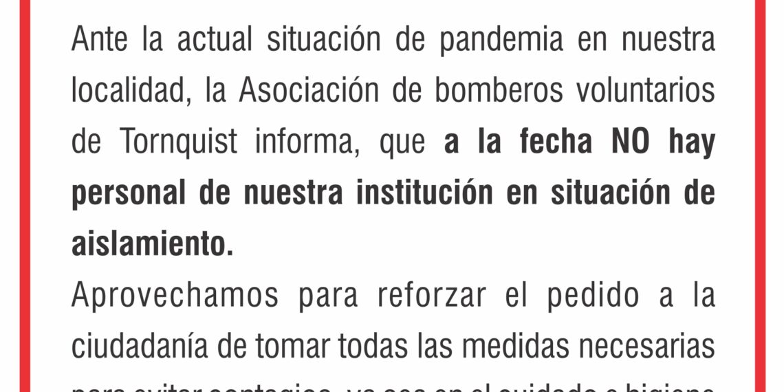 COVID 19: Comunicado de los Bomberos Voluntarios de Tornquist