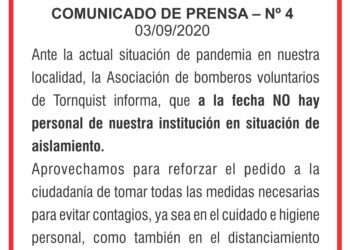 COVID 19: Comunicado de los Bomberos Voluntarios de Tornquist