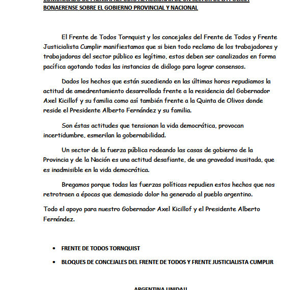 REPUDIO AL ACCIONAR DE UN SECTOR DE LA POLICÍA BONAERENSE SOBRE EL GOBIERNO PROVINCIAL Y NACIONAL