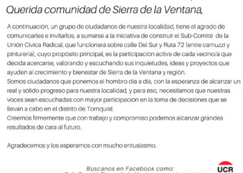 Invitan a sumarse a la iniciativa de construir un sub comité de la UCR en Sierra de la Ventana