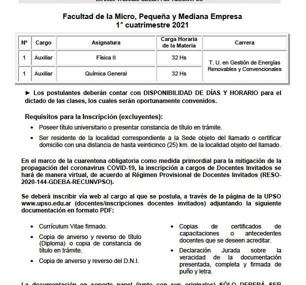 UPSO: PRIMER LLAMADO DE INSCRIPCION 2021. TORNQUIST
