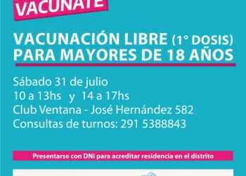 Vacunación libre para mayores de 18 años en Sierra de la Ventana