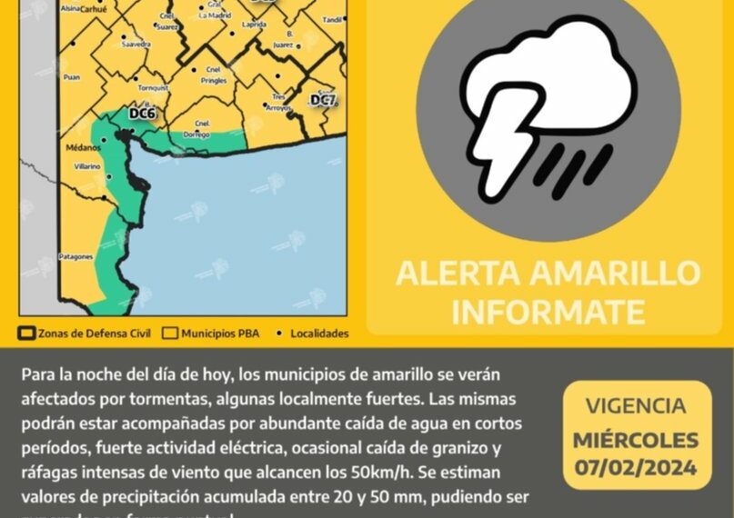 Emiten un alerta amarilla por posibles tormentas en Tornquist y la región