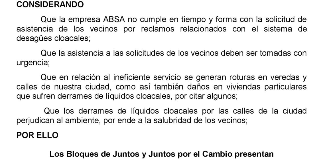 Proyecto de Resolución presentado por el Bloque JxC-UCR Tornquist: Reclamos del Servicio ABSA en nuestra ciudad