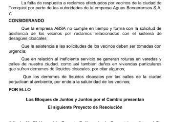 Proyecto de Resolución presentado por el Bloque JxC-UCR Tornquist: Reclamos del Servicio ABSA en nuestra ciudad