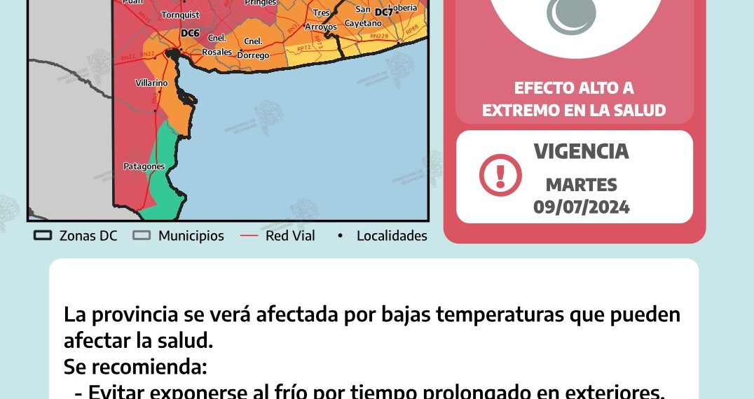Alerta roja por bajas temperaturas para este martes en el distrito de Tornquist