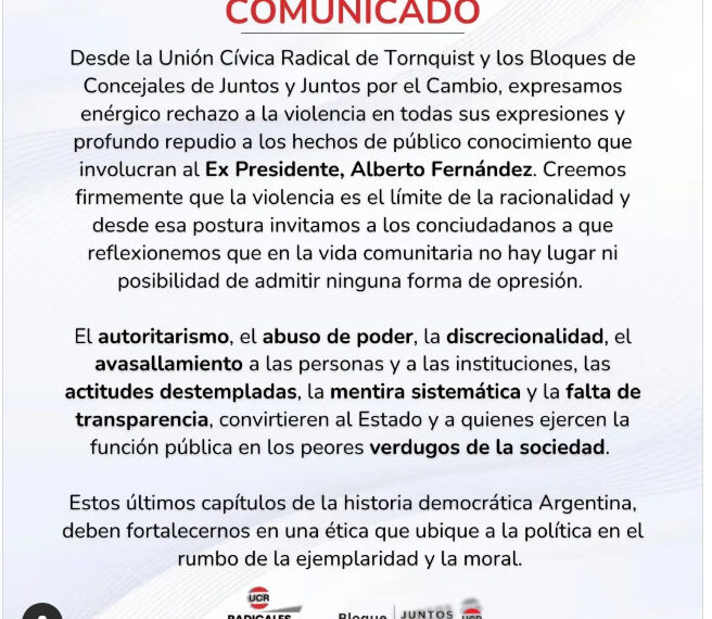 Comunicado de la UCR. de Tornquist y los bloques de Concejales de Juntos y Juntos por el Cambio