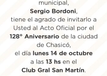 Invitación al acto por el 128º aniversario de Chasicó