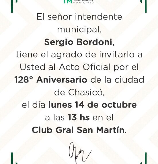 Invitación al acto por el 128º aniversario de Chasicó