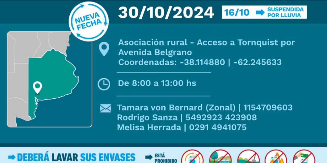 30 de octubre: Jornada de recepción de envases vacíos de fitosanitarios en Tornquist