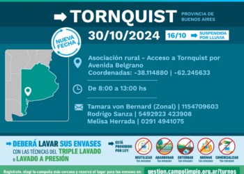 30 de octubre: Jornada de recepción de envases vacíos de fitosanitarios en Tornquist