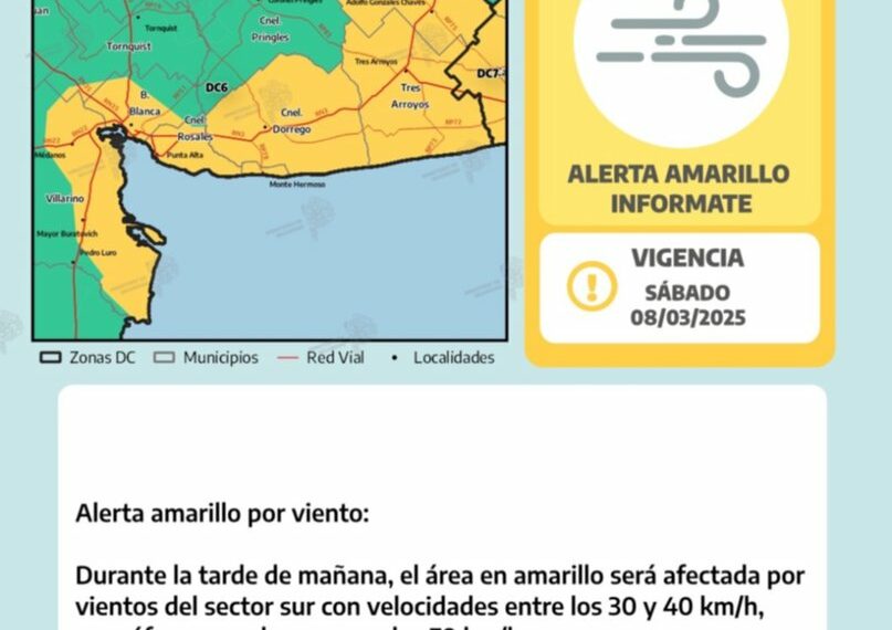 Tras las intensas lluvias, rige una alerta amarilla por viento para el sábado
