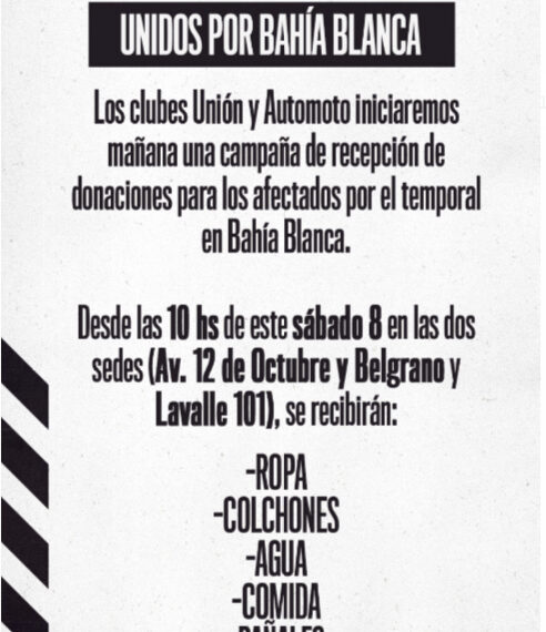 UNIDOS POR BAHIA BLANCA: Los clubes Unión y Automoto inician una campaña solidaria