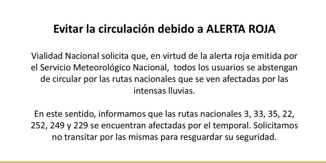 Vialidad Nacional pidió evitar la circulación debido a la ALERTA ROJA