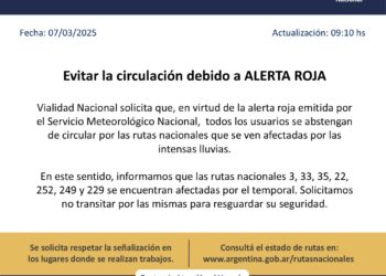 Vialidad Nacional pidió evitar la circulación debido a la ALERTA ROJA