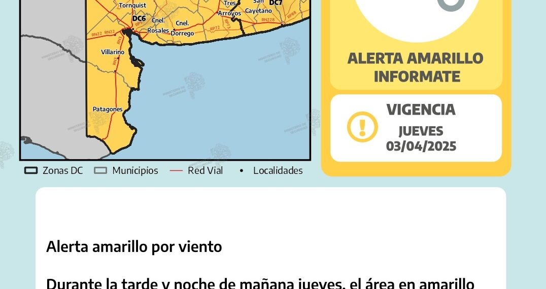 Alerta amarilla por vientos fuertes en Tornquist y toda la región