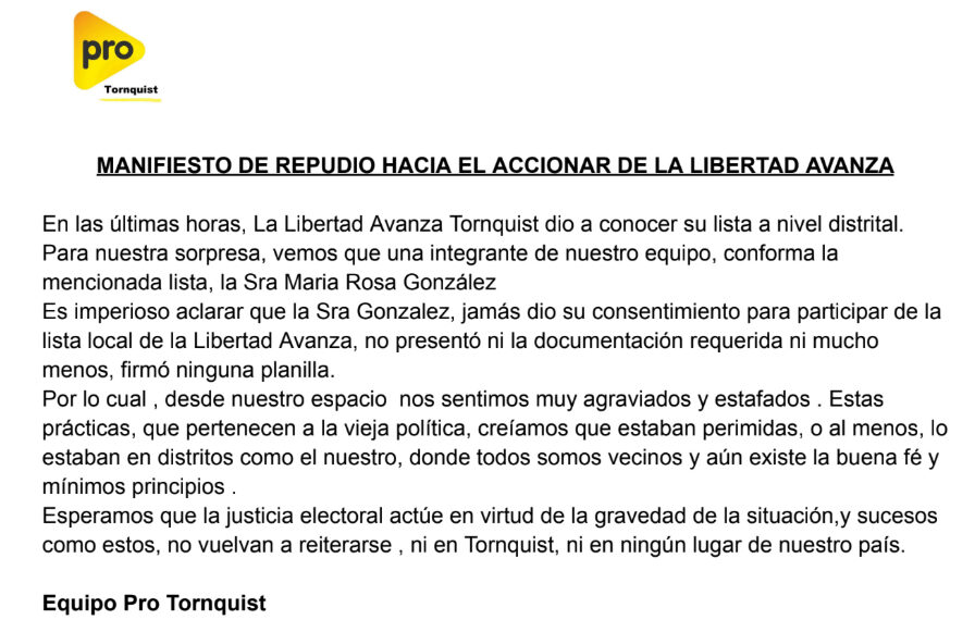 PRO TORNQUIST: Manifiesto de repudio hacia el accionar de La Libertad Avanza