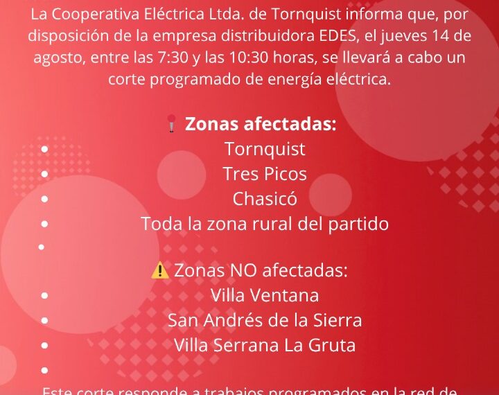 CELT Informa: Corte programado de energía para el próximo jueves