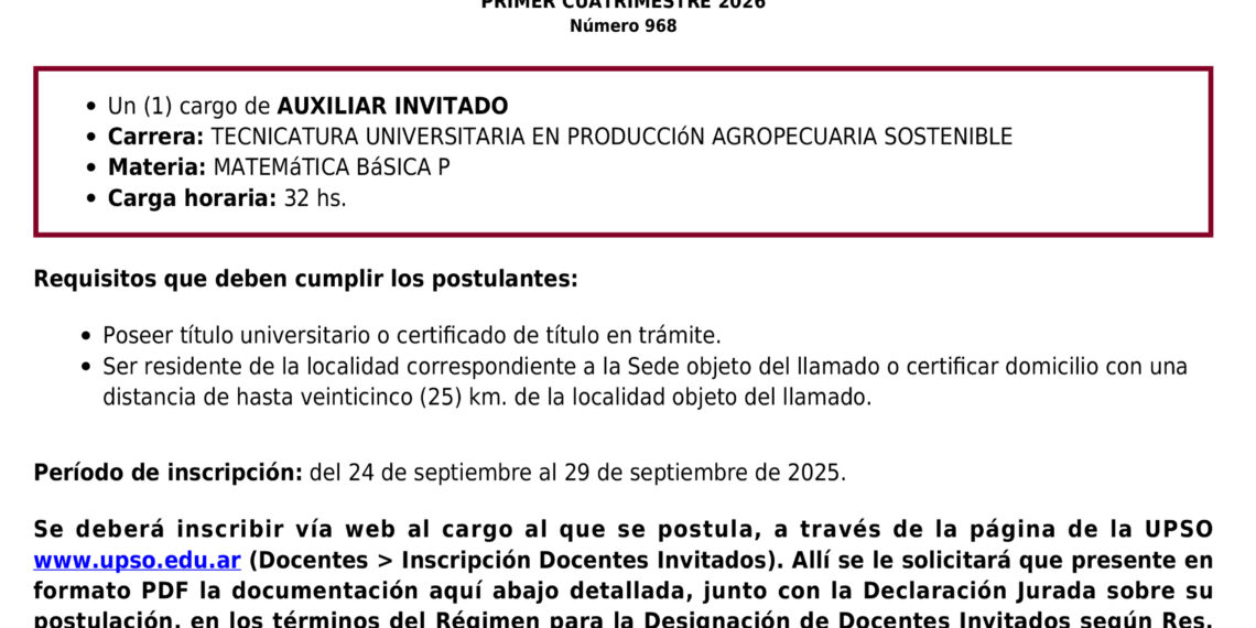 Llamado a inscripción de la UPSO para cubrir cargos