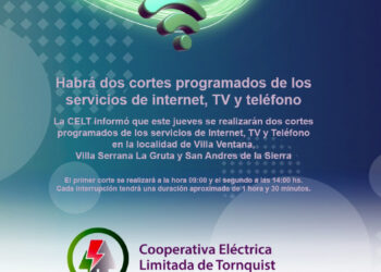 La CELT informó que este jueves se realizarán dos cortes programados de los servicios de Internet, TV y Teléfono en la localidad de Villa Ventana, Villa Serrana La Gruta y San Andres de la Sierra