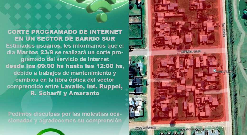 Corte programado de Internet en un sector del Barrio Sur