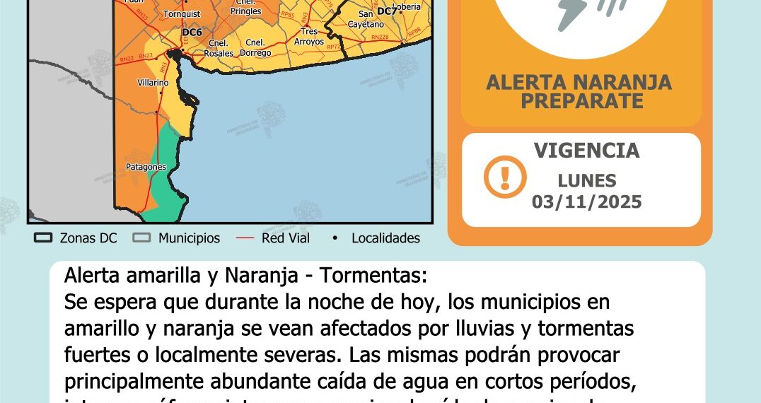 Alerta amarilla y naranja por tormentas en lo que resta del lunes y la madrugada del martes