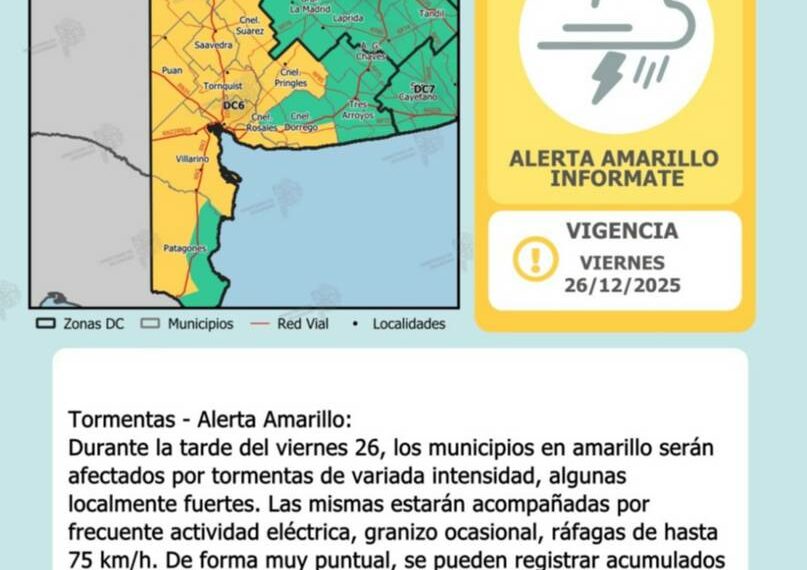 Alerta amarillo para Tornquist y la región por viento y lluvia durante la tarde y noche del viernes