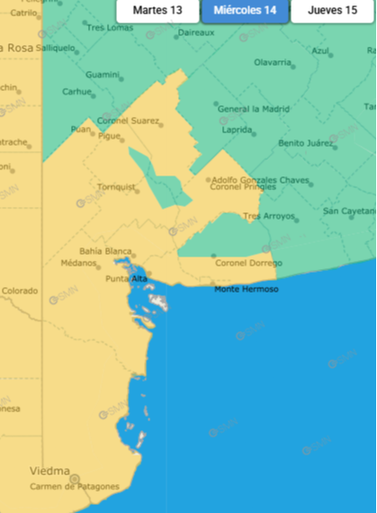 Tormentas y vientos de hasta 70 km/h: alerta amarilla para Tornquist y parte del Sudoeste