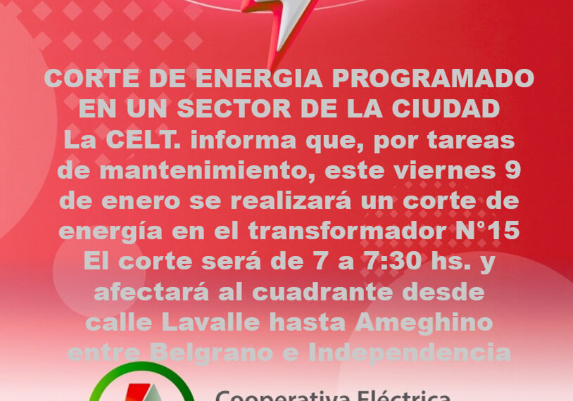 Corte programado de energía en un sector de la ciudad