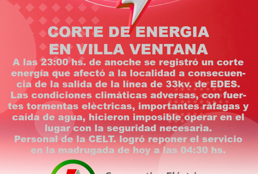 Corte de energia en Villa Ventana