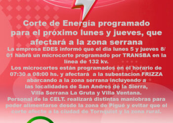 Corte de energía programado para el próximo lunes y jueves, que afectará a la zona serrana