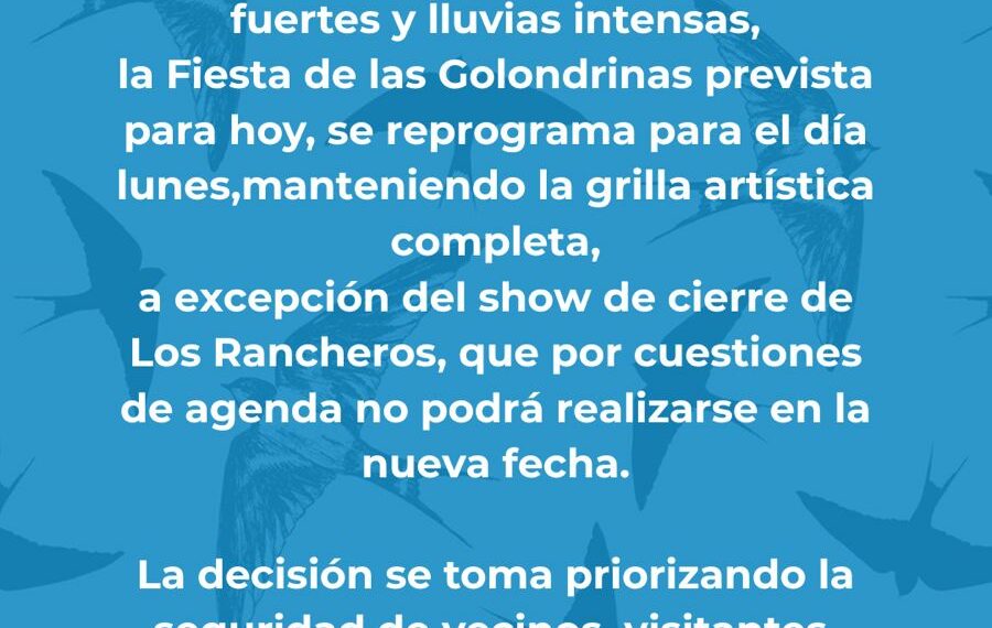 La segunda jornada de la Fiesta de las Golondrinas fue reprogramada para este lunes