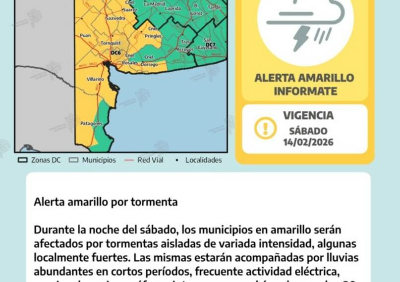 Alerta amarillo por tormentas para Tornquist y el sudoeste bonaerense