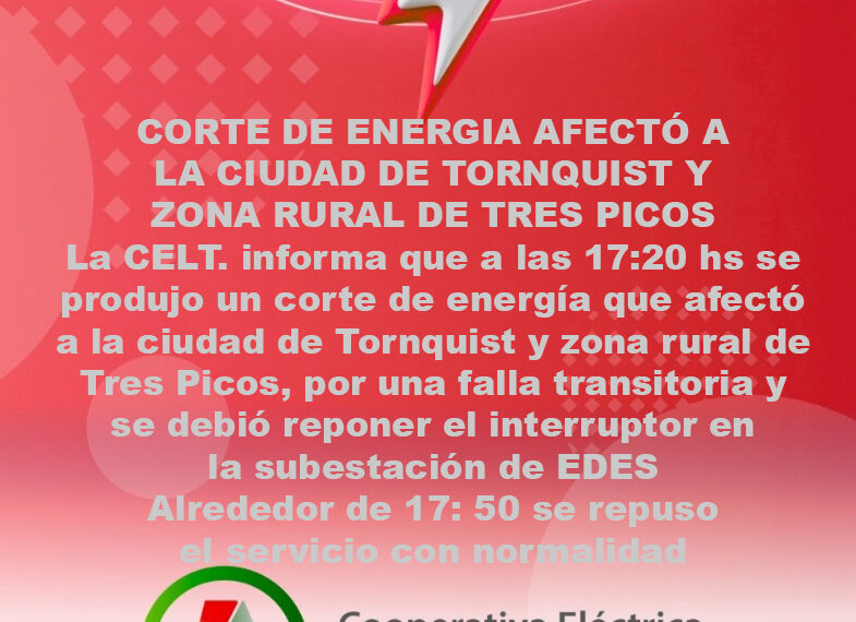 Corte de energía afectó a la ciudad de Tornquist y zona rural de Tres Picos