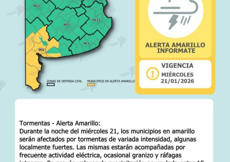Ratifican el alerta amarillo por tormentas para Tornquist y el Sudoeste Bonaerense