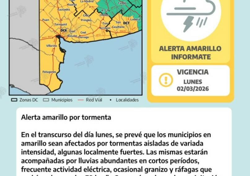 Doble alerta amarillo para este lunes en Tornquist y la región