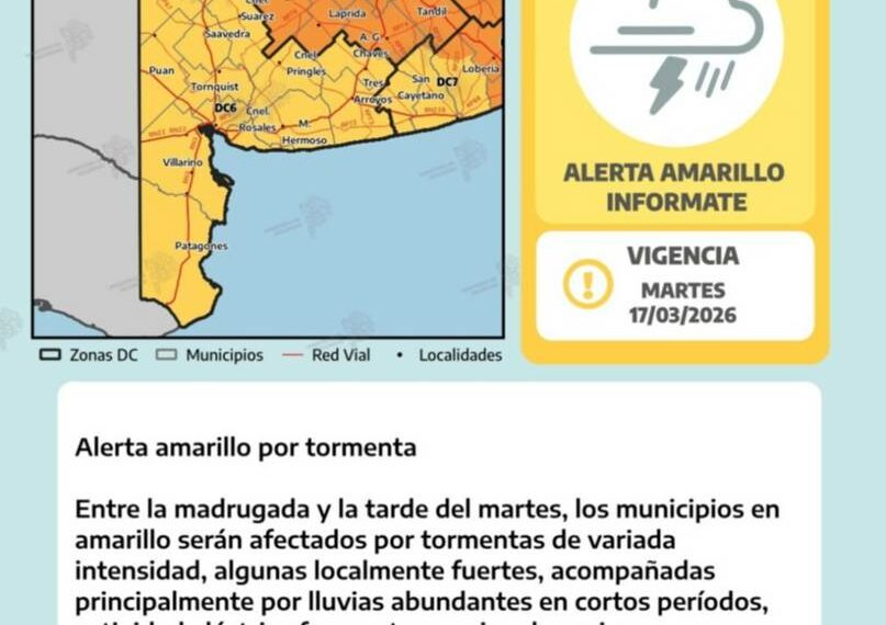El Servicio Meteorológico emitió otro alerta amarillo por tormentas sobre Tornquist y la región