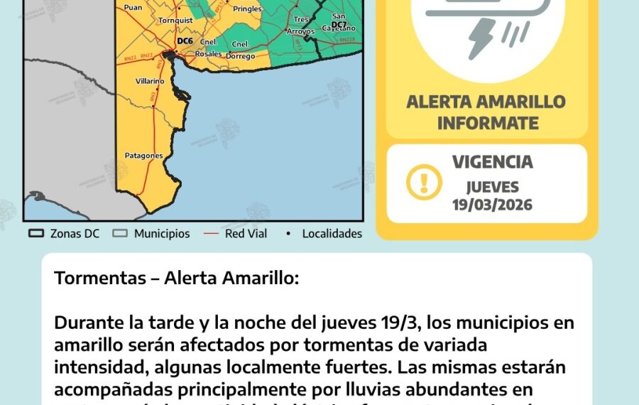 Alerta amarilla por tormentas para Tornquist y zona jueves y viernes