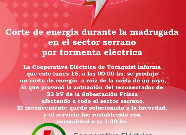 Corte de energía en el sector serrano por tormenta eléctrica