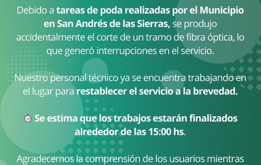 Alrededor de las 15 hs. quedará restablecido el servicio de internet en Villa Ventana