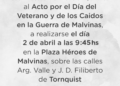 Invitación al acto por el Día de los Veteranos y Caídos en la Guerra de Malvinas