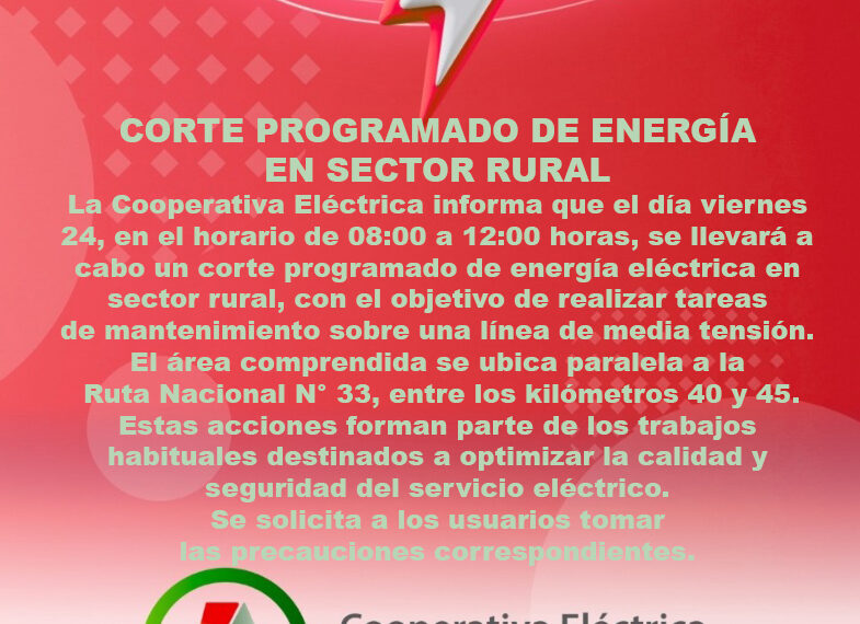 Corte programado de energía para este viernes en el sector rural