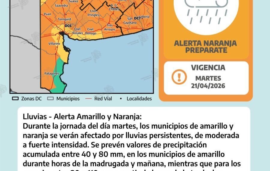 Alerta naranja por tormentas y lluvias para Tornquist y zona